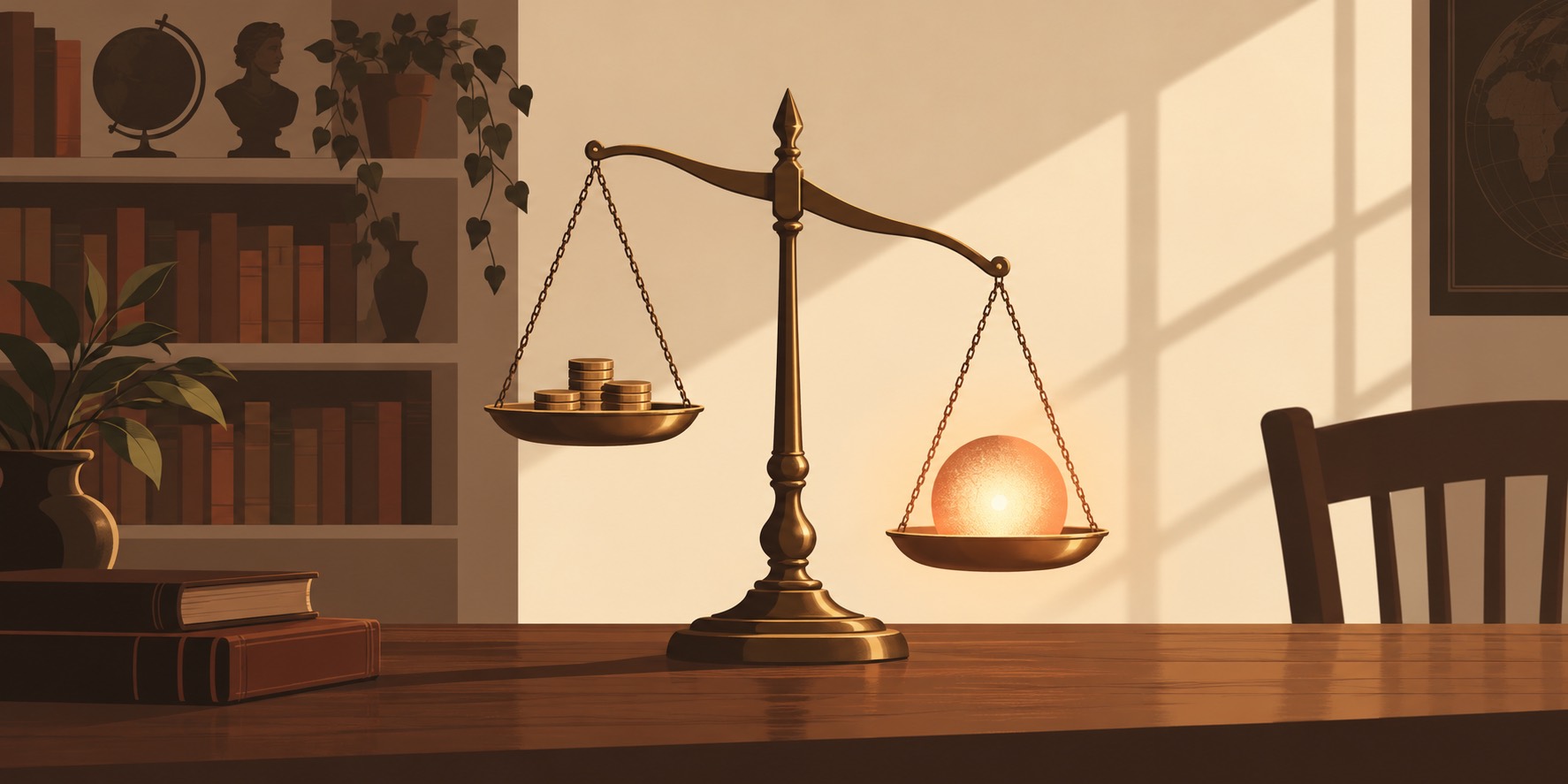 A balance scale weighing coins against a glowing orb: defining your coaching offer