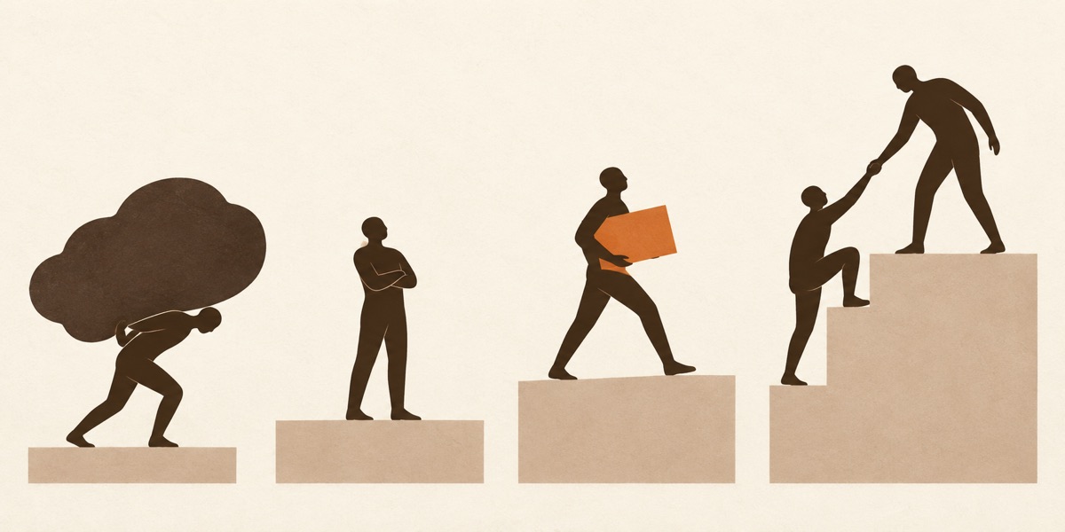 Four silhouetted figures on separate platforms: one bent under a weight, one standing still, one working with tools, one lifting another up